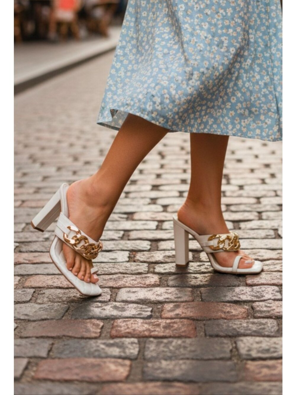 Quilted Chain-Embellished High Heel White Sandals With Square Toe Design
